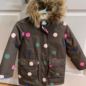 Mini Boden Polka Dot Puffer Jacket with Fur-Lined Hood